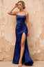 Kate Navy Blue Satin Pleated Lace-Up Maxi Dress
