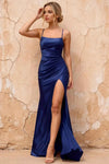 Kate Navy Blue Satin Pleated Lace-Up Maxi Dress