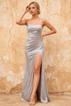 Kate Silver Satin Pleated Lace-Up Maxi Dress
