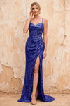 Kelly Royal Blue Sequin Slit Lace-Up Maxi Dress