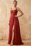 Kimberly Burnt Orange Jacquard Pearl Square Neck Maxi Dress