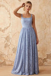 Kimberly Dusty Blue Jacquard Pearl Square Neck Maxi Dress