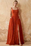 Kimberly Paprika Jacquard Pearl Square Neck Maxi Dress