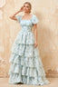 Lauren Light Blue Floral Square Neck Ruffled Maxi Dress