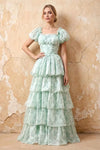 Lauren Light Green Floral Square Neck Ruffled Maxi Dress