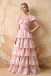 Lauren Light Pink Floral Square Neck Ruffled Maxi Dress
