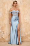 Letitia Blue Satin Rhinestones 3d Flower Maxi Dress