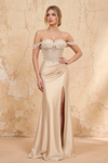 Letitia Champagne Satin Rhinestones 3d Flower Maxi Dress