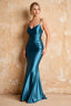 Lillian Blue Satin Sheath V-neck Maxi Dress