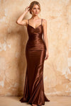 Lillian Brown Satin Sheath V-neck Maxi Dress