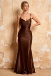 Lillian Taupe Satin Sheath V-neck Maxi Dress