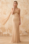 Lily Champagne Chiffon Pearl Maxi Dress With Detachable Halter Neck Sash