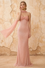 Lily Peach Pink Chiffon Pearl Maxi Dress With Detachable Halter Neck Sash