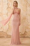 Lily Peach Pink Chiffon Pearl Maxi Dress With Detachable Halter Neck Sash