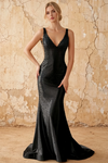 Linda Black Satin V-neck Mermaid Hot Rhinestones Maxi Dress