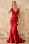 Linda Red Satin V-neck Mermaid Hot Rhinestones Maxi Dress