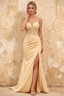 Lois Champagne Lace Jersey Beaded Slit Maxi Dress
