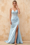 Lois Light Blue Lace Jersey Beaded Slit Maxi Dress