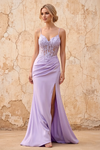 Lois Purple Lace Jersey Beaded Slit Maxi Dress