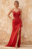 Lois Red lace jersey beaded V-neck spaghetti strap maxi dress with high side slit - product photo 1