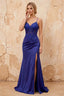Lois Royal Blue lace jersey beaded V-neck spaghetti strap maxi dress with high side slit - product photo 1