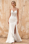 Lois White Lace Jersey Beaded Slit Maxi Dress