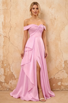 Lola Pink Satin Off the Shoulder A-line Maxi Dress