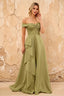 Lola Sage Green Satin Off the Shoulder A-Line Maxi Dress
