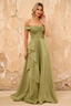 Lola Sage Green Satin Off the Shoulder A-line Maxi Dress