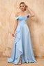 Lola Sky Blue Satin Off the Shoulder A-Line Maxi Dress