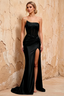 Lorna Black Satin Asymmetrical Rhinestone Maxi Dress