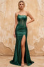 Lorna Emerald Green Satin Asymmetrical Rhinestone Maxi Dress