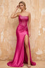 Lorna Magenta Satin Asymmetrical Rhinestone Maxi Dress