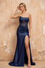Lorna Navy Blue Satin Asymmetrical Rhinestone Maxi Dress