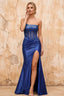 Lorna Royal Blue Satin Asymmetrical Rhinestone Maxi Dress