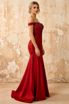 Louise Red Satin Mermaid Off The Shoulder Maxi Dress