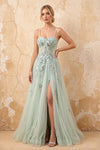 Lydia Sage Green Tulle Sweetheart Neck Corset Slit Maxi Dress
