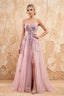 Lydia Dusty Rose Tulle Sweetheart Neck Corset Slit Maxi Dress