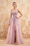 Lydia Dusty Rose Tulle Sweetheart Neck Corset Slit Maxi Dress