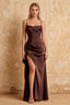 Maria Brown satin ruched spaghetti strap maxi dress with side slit - product photo 1