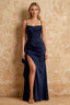 Maria Navy Blue satin ruched spaghetti strap maxi dress with side slit - product photo 1