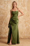 Maria Olive Green Satin Ruched Maxi Dress With Slit