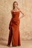 Maria Rust Satin Ruched Maxi Dress With Slit