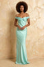 Marina Aqua Satin Off The Shoulder Maxi Dress