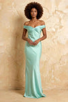 Marina Aqua Satin Off The Shoulder Maxi Dress