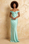 Marina Aqua Satin Off The Shoulder Maxi Dress