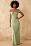 Marina Dusty Sage Satin Off the Shoulder Maxi Dress