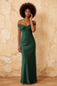 Marina Emerald Green Satin Off The Shoulder Maxi Dress