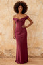 Marina Merlot Satin Off the Shoulder Maxi Dress
