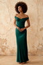 Marina Peacock Satin Off the Shoulder Maxi Dress